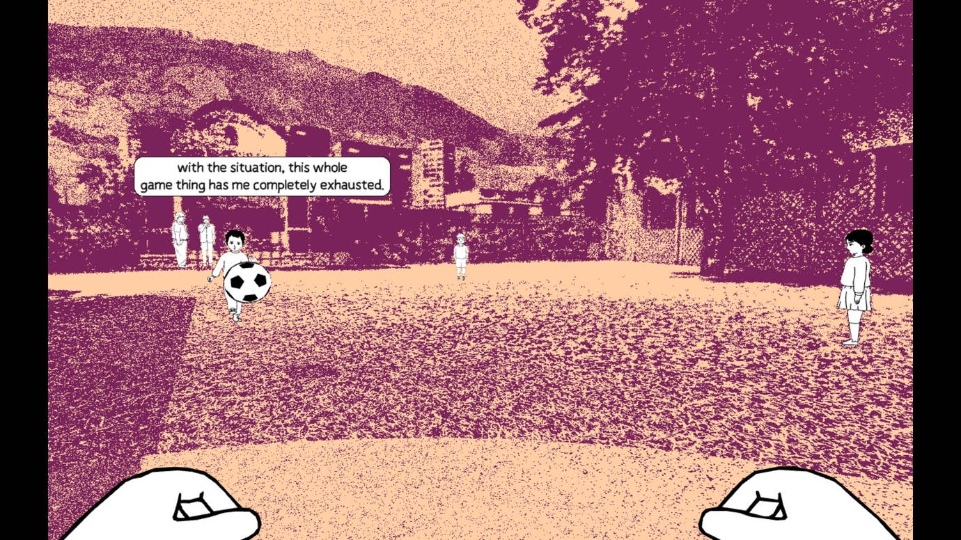 Some kids kick a ball around in a park in Despelote.